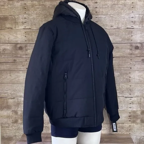 Kenneth Cole Mens Hooded‎ Puffer Jacket Black Double Zip Bib Bomber Coat KC NEW